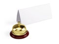 Golden reception bell and blank sign isolated on white background