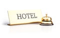 Golden reception bell and hotel sign isolated on white background
