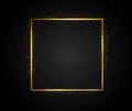 Golden rectangular frame with falling shiny dust. Square, banner with light effect on isolated dark background. Vector.