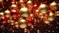 Golden and red Christmas balls or spheres on dark background. Abstract Group of Shiny Sphere Ornaments. New Year ornaments concept Royalty Free Stock Photo