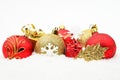 Golden,red christmas decoration on snow Royalty Free Stock Photo