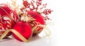 Golden And Red Christmas Ornaments On White Background. Merry Christmas Card.