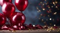 Golden and red metallic balloons with confetti and ribbons on blurred background for special events