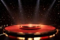 Golden red stage base with bright spotlight rays in night concert hall on shimmering background