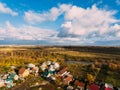 Golden red sunlight AERIAL view, Russia, River, small town, bridge Royalty Free Stock Photo