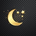 Golden reflective crescent moons with stars. Decorative vector elements for Muslim holidays. Isolated on transparent
