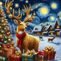 A golden reindeer in holiday costum, with the decorated christmas tree and gifts, in a snowing village, starry night, painting Royalty Free Stock Photo