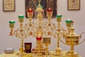 Golden religious utensils. Details in the Orthodox Christian Church. Russia Royalty Free Stock Photo