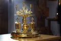 Golden religious utensils. Details in the Orthodox Christian Church. Russia Royalty Free Stock Photo