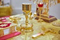 Golden religious utensils. Details in the Orthodox Christian Church. Russia Royalty Free Stock Photo