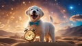 golden retriever with an alarm clock highly intricately detailed photograph of Happy dog puppy smiling on colored blue background