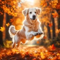 Golden Retriever in Autumn, Dancing Amidst Falling Leaves with Graceful Canine Glee. Generative ai