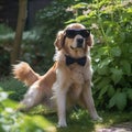 Golden Retriever dog with cool black glasses and black bow in garden. Generative AI
