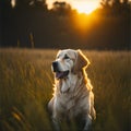 Golden Retriever dog enjoying outdoors at a large grass field at sunset, beautiful golden light. Ai Generated