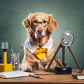 ai Golden Retriever dog with glasses scientist researcher in scientific chemical laboratory Funny education and study concept