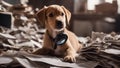 golden retriever dog A grinning Bordeaux puppy with a comical expression, surrounded by a pile of chewed up newspapers,