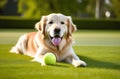 A Golden Retriever dog lies on a green lawn next to a tennis ball. Dog toys. Royalty Free Stock Photo