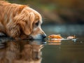 Golden retriever dog looks at the fish in the water Royalty Free Stock Photo