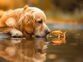 Golden retriever dog looks at the fish in the water Royalty Free Stock Photo