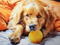 golden retriever dog lying down with its ball Royalty Free Stock Photo