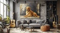 Golden retriever dog painting displayed on the wall