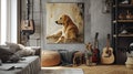 Golden retriever dog painting displayed on the wall