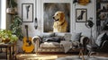 Golden retriever dog painting displayed on the wall