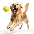 Golden Retriever dog playing with a tennis ball, isolated on white background Royalty Free Stock Photo