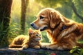 Golden retriever dog and red kitten lies together in green forest Royalty Free Stock Photo