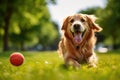 Golden retriever dog running obediently after tennis ball