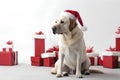 Golden retriever dog in Santa Claus Christmas red hat near many gift boxes with ribbons on white background Royalty Free Stock Photo