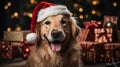 Golden Retriever dog in Santa hat and Christmas gifts on background Royalty Free Stock Photo