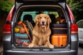 Golden Retriever Dog Sitting in Car Trunk, Ready for a Vacation Trip. Generative ai Royalty Free Stock Photo