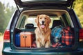 Golden Retriever Dog Sitting in Car Trunk, Ready for a Vacation Trip. Generative ai Royalty Free Stock Photo