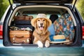 Golden Retriever Dog Sitting in Car Trunk, Ready for a Vacation Trip. Generative ai Royalty Free Stock Photo