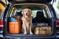 Golden Retriever Dog Sitting in Car Trunk, Ready for a Vacation Trip. Generative ai Royalty Free Stock Photo