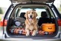Golden Retriever Dog Sitting in Car Trunk, Ready for a Vacation Trip. Generative ai Royalty Free Stock Photo