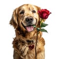 A Golden Retriever dog,smiling, happy expression, rose,Valentine\'s day concept,on white background,isolated, Generated AI Royalty Free Stock Photo