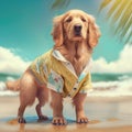 Golden retriever dog in summer outfit. Summer dog breed golden retriever wearing fashionable beach clothing attire.