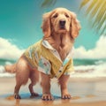 Golden retriever dog in summer outfit. Summer dog breed golden retriever wearing fashionable beach