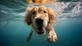 Adorable Golden Retriever dog swimming in water. Popular dog breed swimming and playing in water close-up. Royalty Free Stock Photo