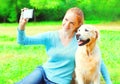 Golden Retriever dog is taking picture selfie portrait on a smartphone Royalty Free Stock Photo