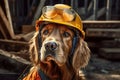 A golden retriever dog wearing a helmet on a construction site Royalty Free Stock Photo