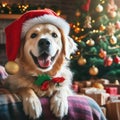 golden retriever dog wearing santa hat Royalty Free Stock Photo