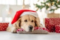 Golden retriever dog in Christmas time Royalty Free Stock Photo