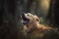 a golden retriever dog yawns in the woods