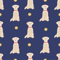 Golden retriever dogs in different poses and coat colors. Seamless pattern. Adult goldies and puppy set. Vector Royalty Free Stock Photo