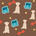 Golden retriever dogs in different poses and coat colors. Seamless pattern. Adult goldies and puppy set. Vector Royalty Free Stock Photo