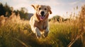 Golden Retriever Dogs running, playing, and jumping in the meadow