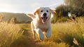 Golden Retriever Dogs running, playing, and jumping in the meadow